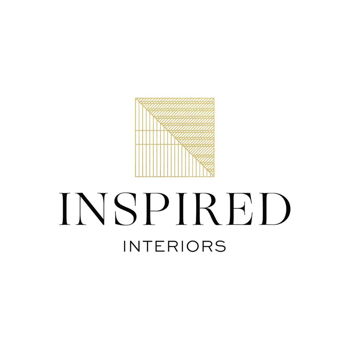 Logo for Inspired Interiors featuring a gold geometric square and the company name in black text.