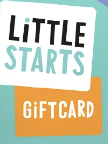 Gift card with text 'Little Starts' in playful font, featuring teal, white, and orange colors.
