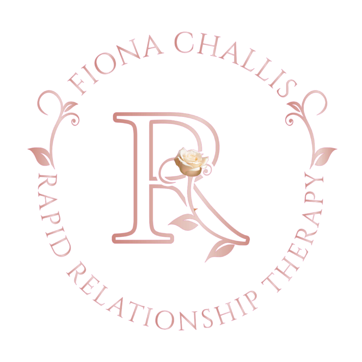 Pink circular logo with the letter R, a white rose, and the words "Hiona Challis" and "Rapidd Relationship The Happy."