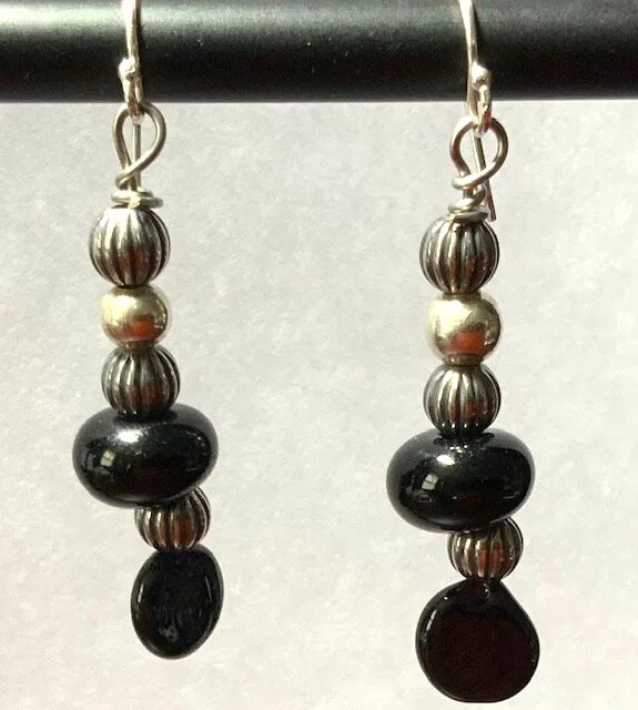 Black and Sterling Silver Bead Earrings