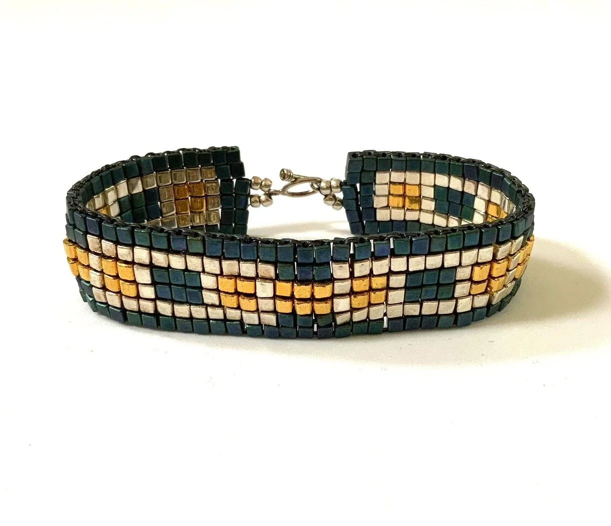 Silver and Gold With Green Bracelet