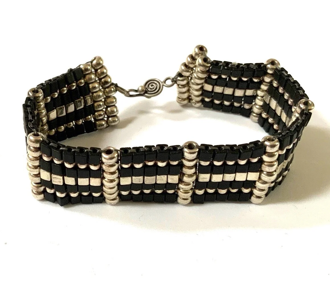 Square Stitch Bracelet Black and Silver