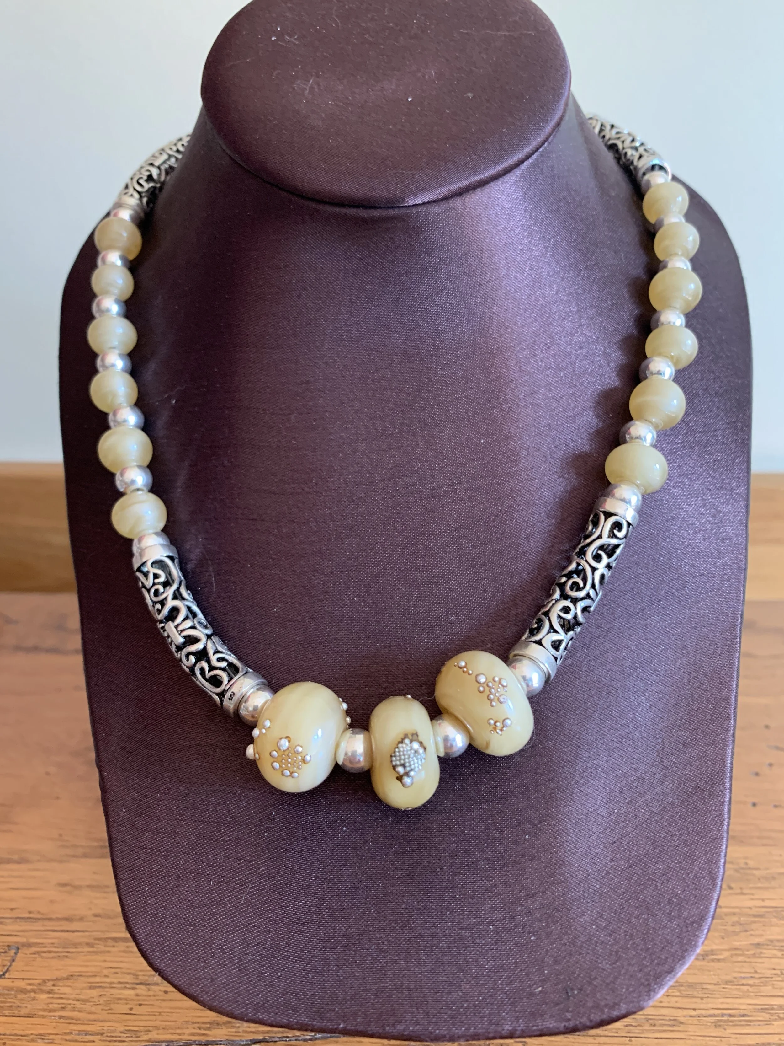 Sterling Silver Beige Bead Statement Necklace
