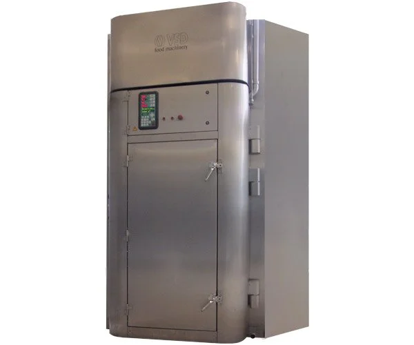 A large stainless steel food processing smoking machine with a control panel, labeled VDI Food Machinery, standing upright.