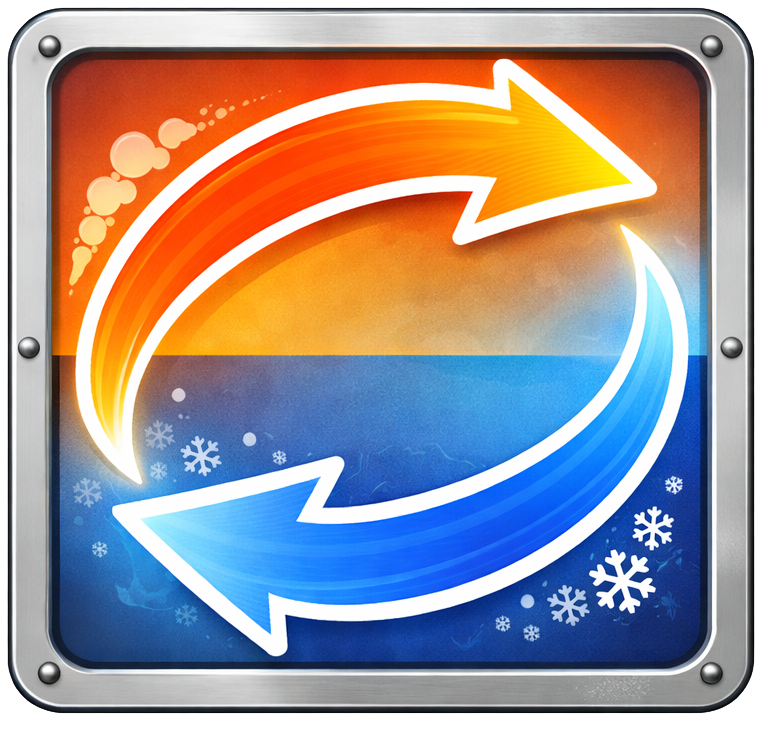 Icon with two arrows in a circle, one orange with a snowflake, and one blue with a snowy background, representing heat and cold modes within an industrial smoking system.