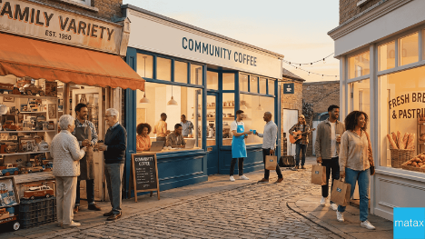 A brick street in neighborhood with people engaging with small businesses