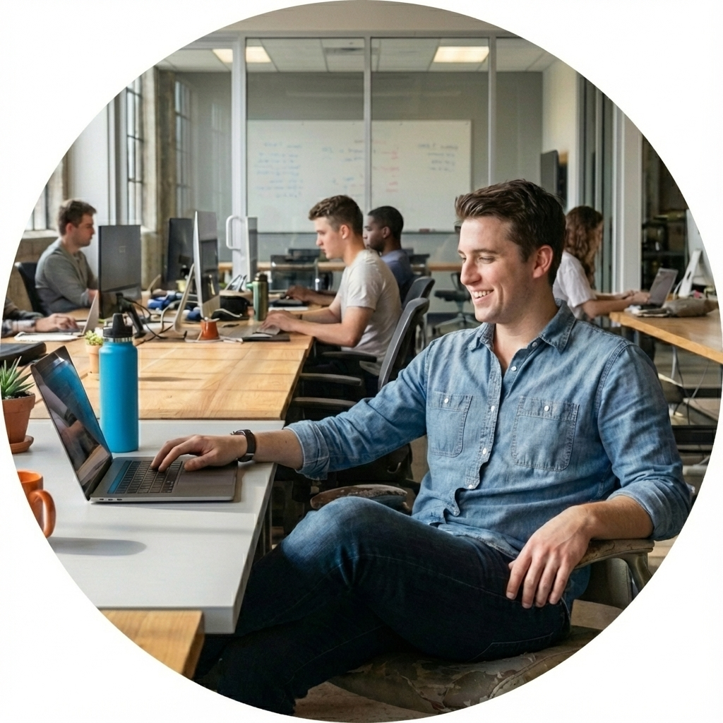 Startup founder working on laptop in modern coworking space, smiling while reviewing business data