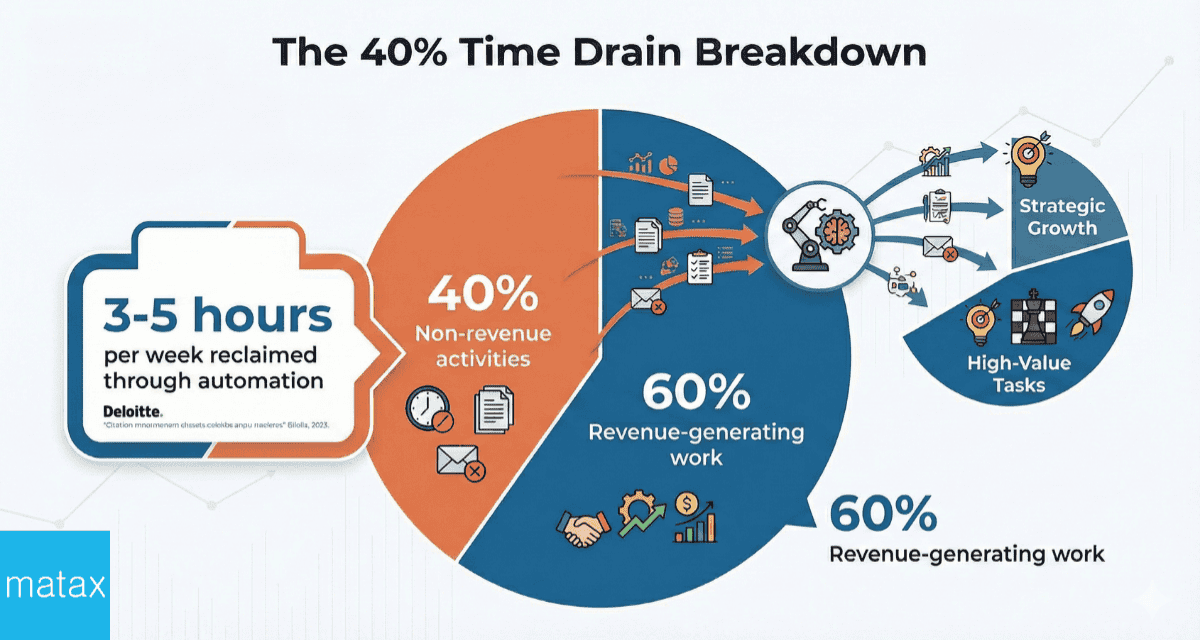 Pie chart showing founder time allocation: 40% spent on non-revenue generating activities in red, 60% on revenue-generating work in green