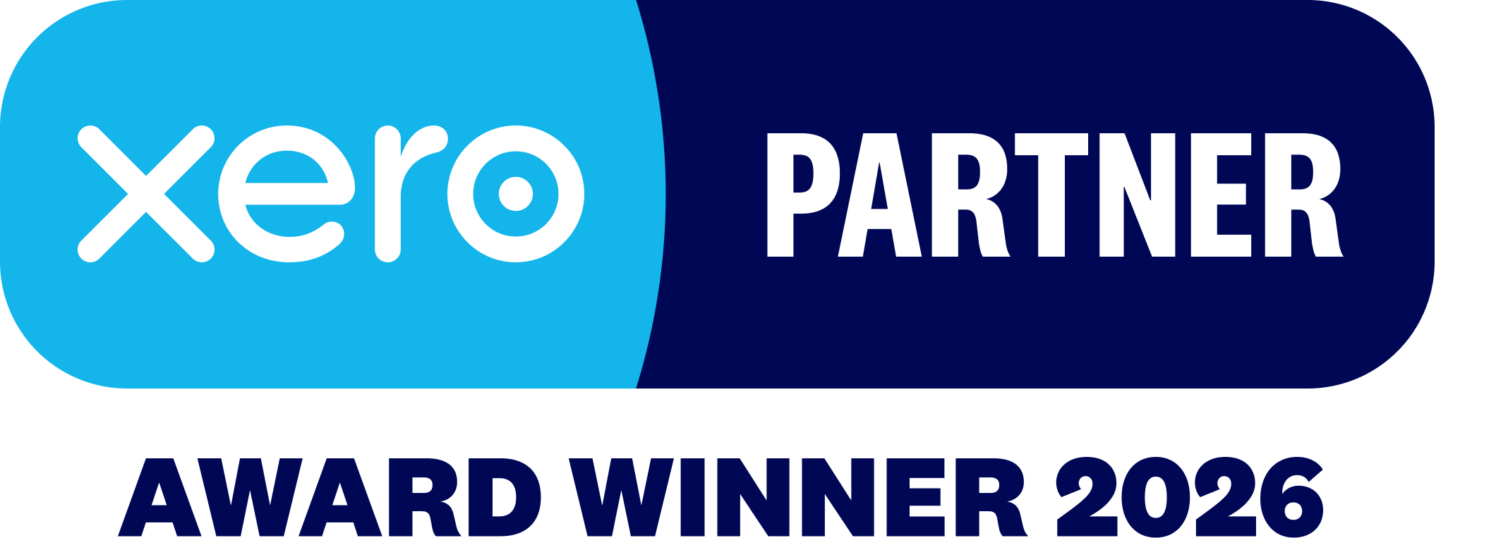 Xero Partner badge with blue and dark blue colors, indicating award winner in 2026.