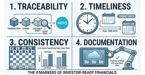 Diagram showing the 4 markers of investor-ready financials: traceability, timeliness; consistency; documentation