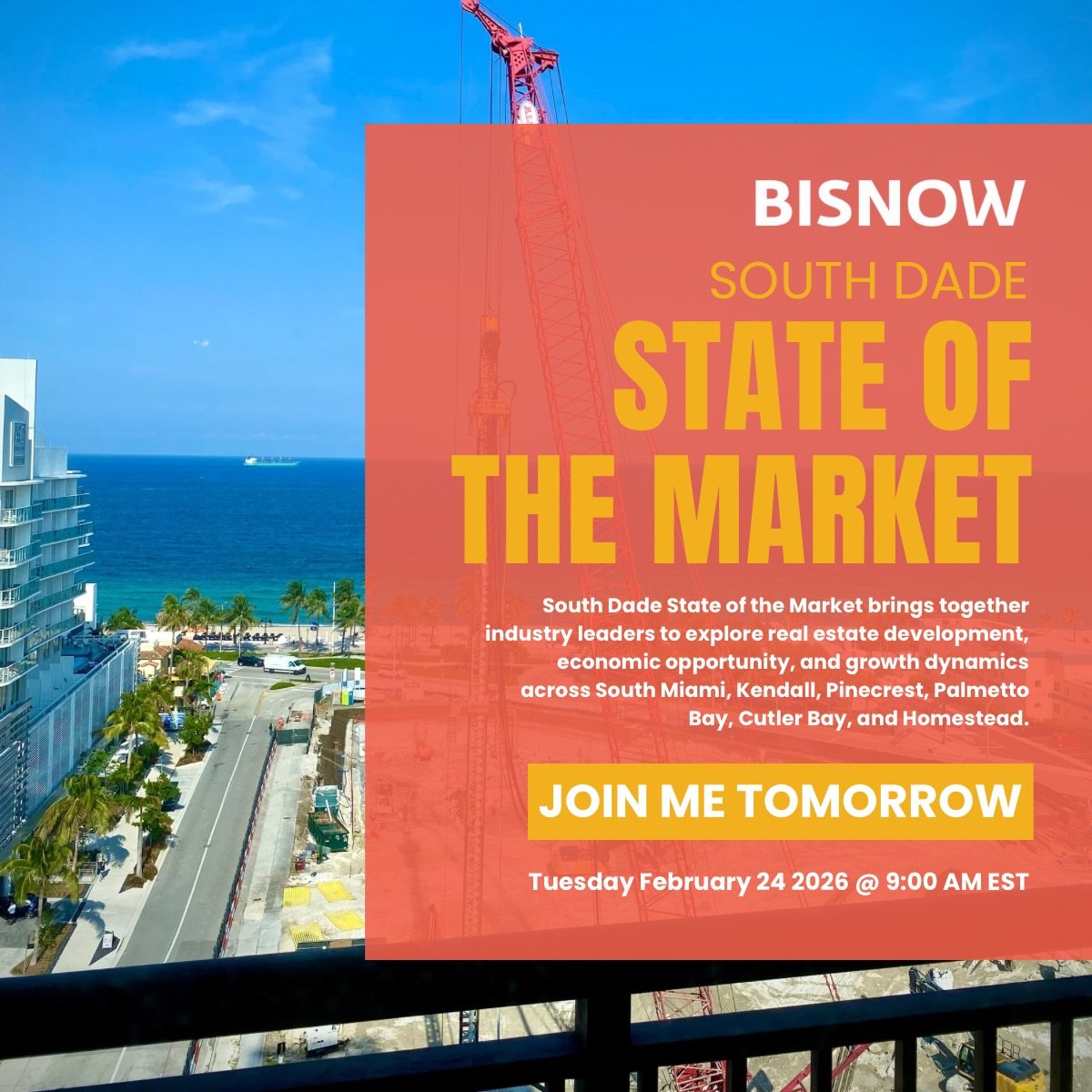 Tomorrow! 🚨

South Dade State of the Market brings together industry leaders to explore real estate development, economic opportunity, and growth dynamics across South Miami, Kendall, Pinecrest, Palmetto Bay, Cutler Bay, and Homestead.

Can&rsquo;t 