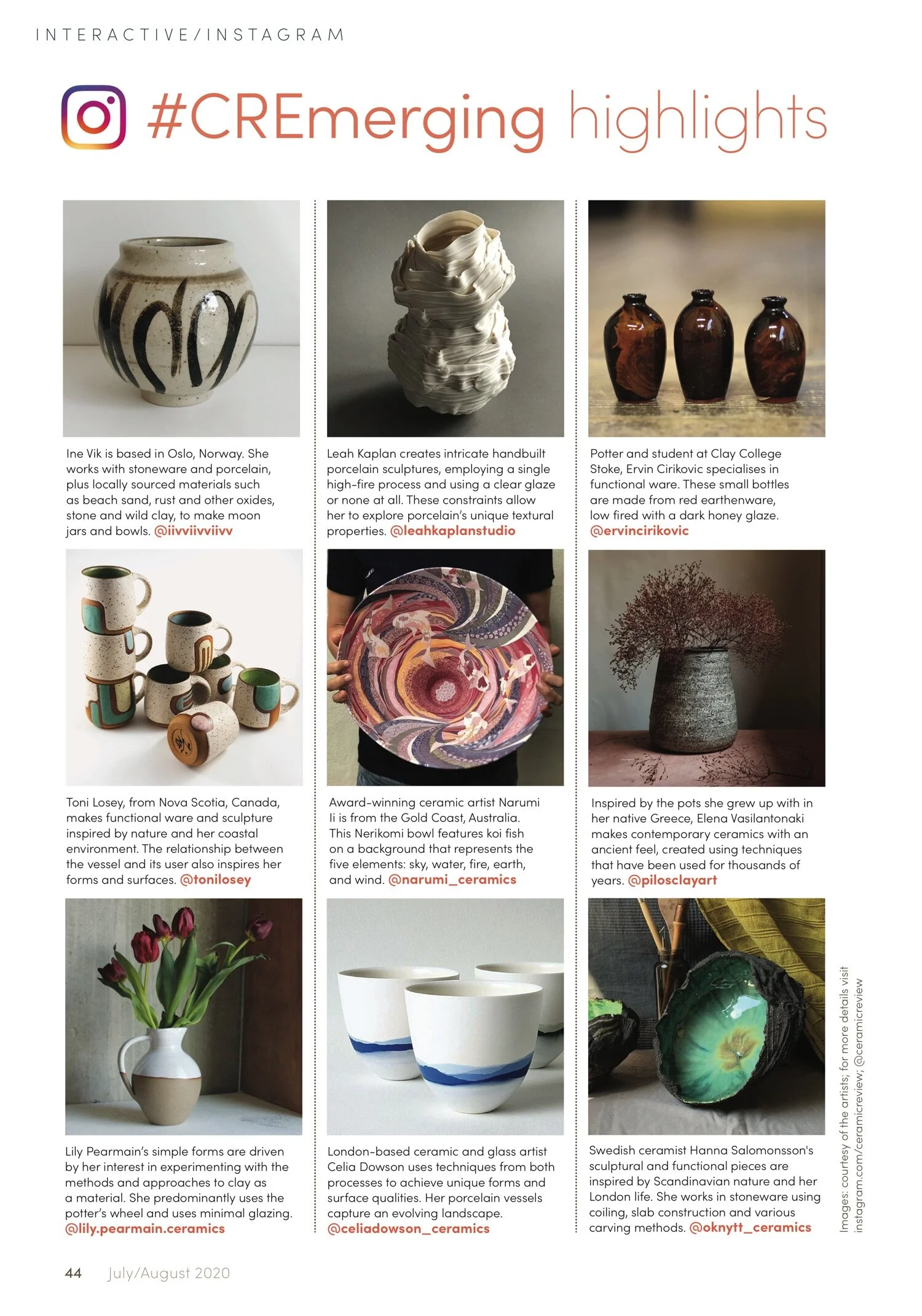 Ceramic Review, CREmerging highlights, p.44 Issue 304, July 2020