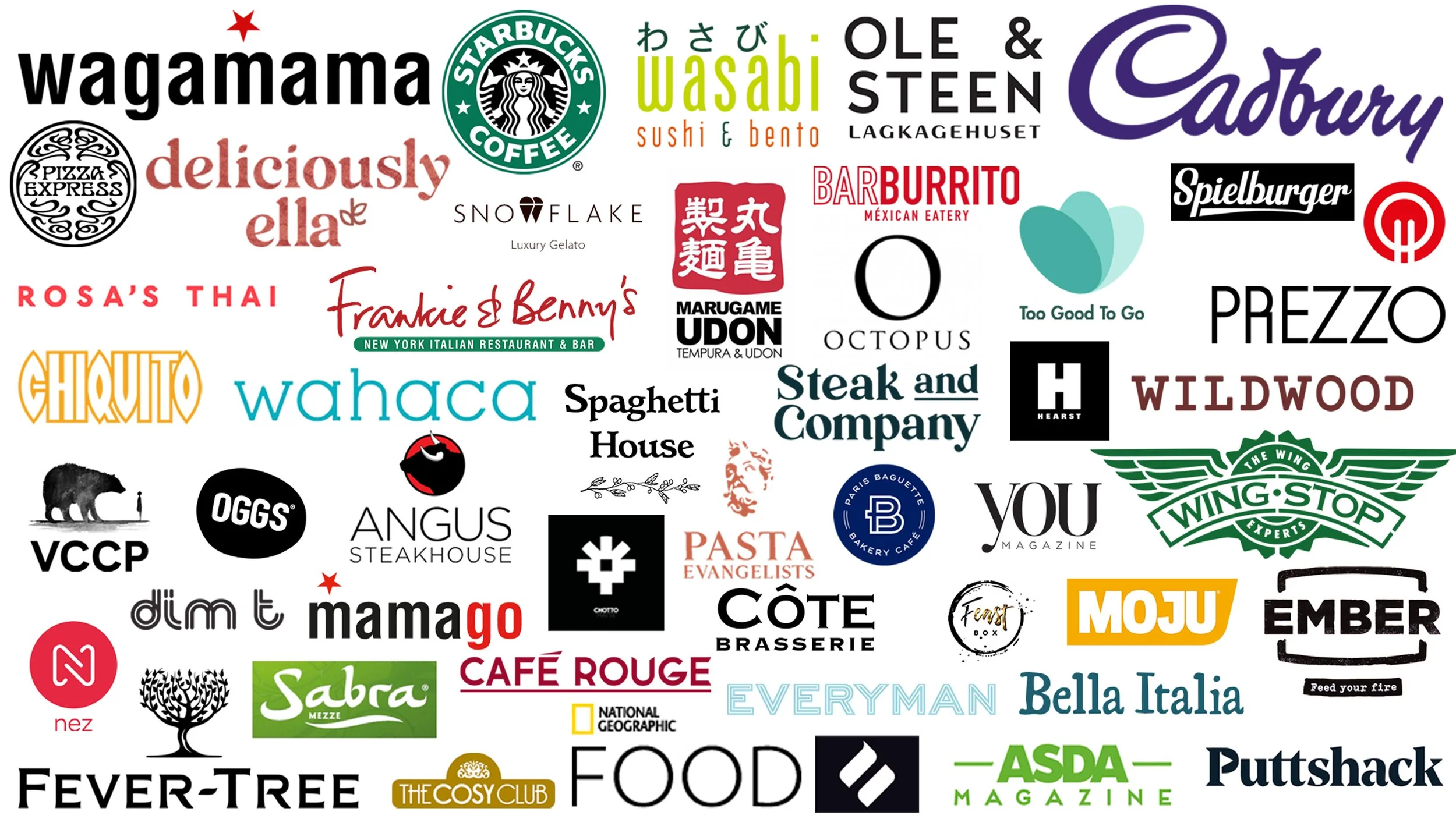 Collection of various restaurant and brand logos including Wagamama, Starbucks, Pizza Express, Cadbury, and others on a white background.