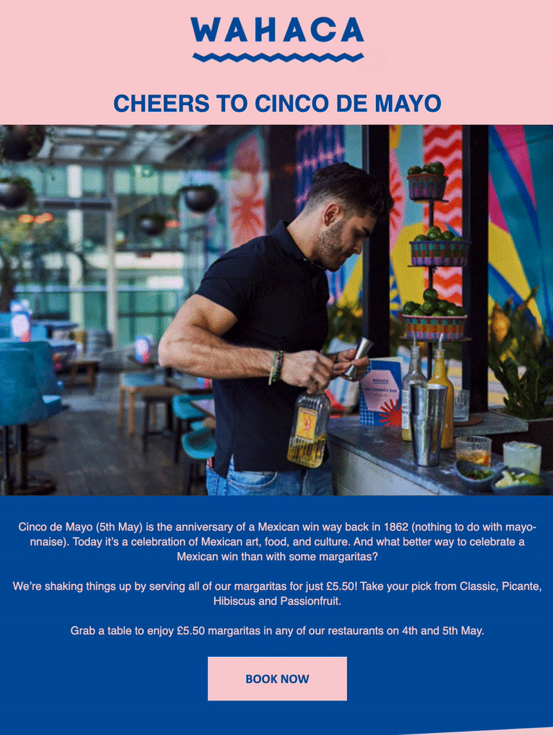 Advertisement for Wahaca restaurant's Cinco de Mayo celebration featuring a bartender making drinks, colorful decor, and text highlighting margaritas for £5.50 on May 4th and 5th.