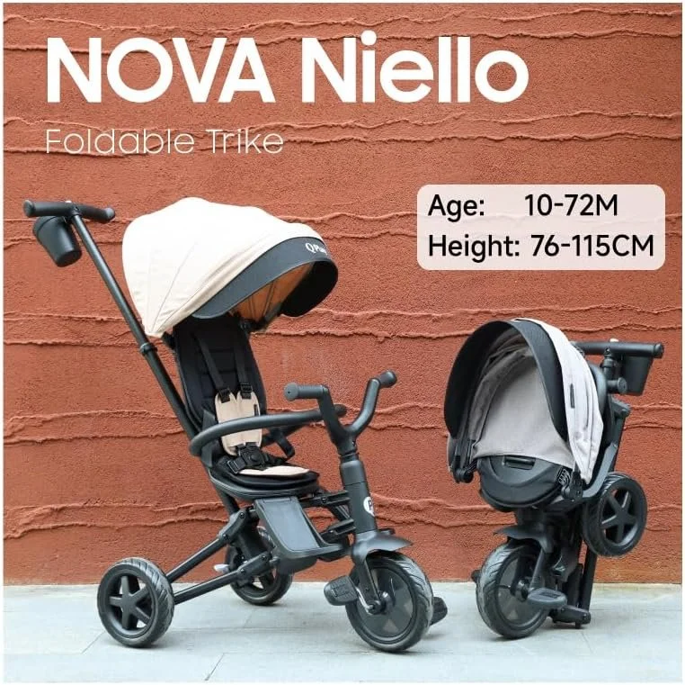 Triciclo evolutivo pieghevole QPLAY Nova Niello 6 in 1, fronte strada e fronte mamma, reclinabile, adatto a bambini dai 10 ai 72 mesi, portata fino a 25 kg, telaio in alluminio leggero
