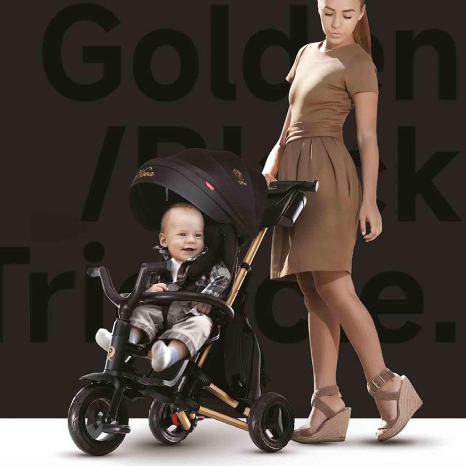 Triciclo Evolutivo pieghevole QPLAY Nova Golden Limited Edition 6 in 1 con zaino portaoggetti, fronte strada e fronte mamma, reclinabile, adatto a bambii da 10 a 72 mesi, portata fino a 25 kg