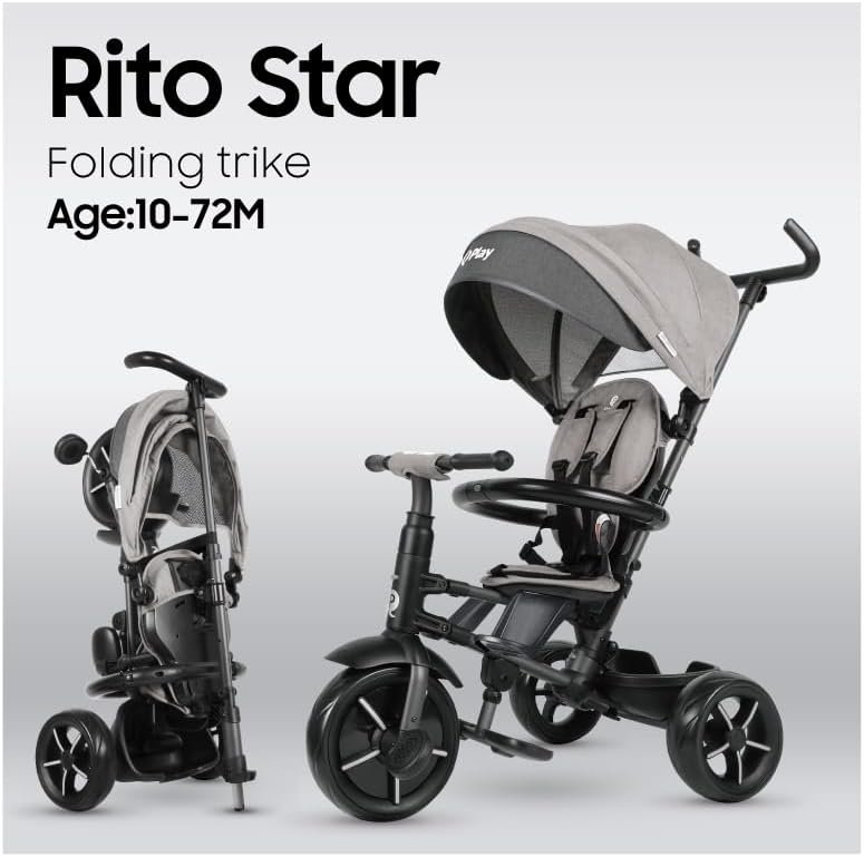 Triciclo evolutivo QPLAY Rito Star compatto e pieghevole, con schienale reclinabile e maniglione direzionale, adatto a bambini da 12 a 72 mesi, portata massima 25 kg