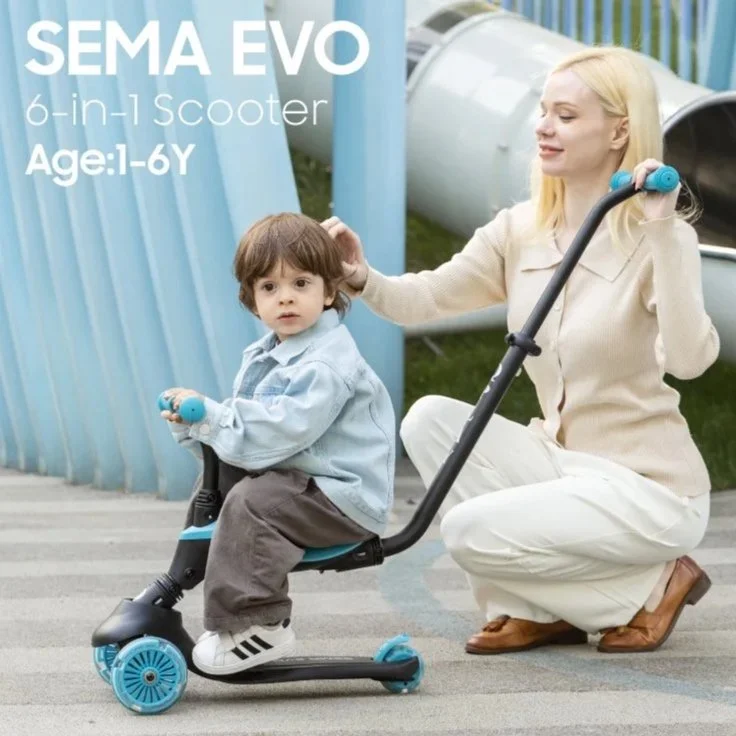 Monopattino QPLAY Sema Evo 6 in 1 con seduta, maniglione a spinta e luci a LED su ruote e pedana con funzionamento a dinamo, da 1 a 6 anni, portata massima 50 kg, pieghevole