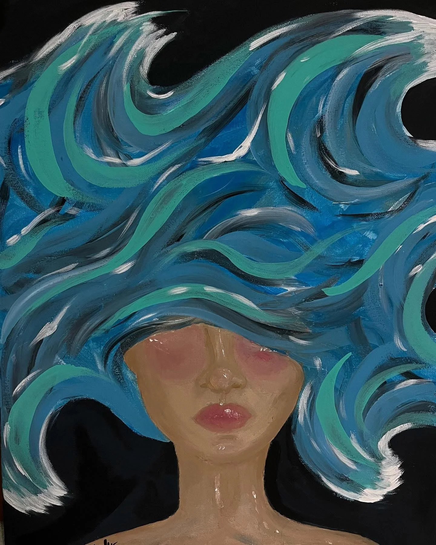 An abstract painting of a woman with flowing blue, teal, and white hair covering her eyes, with only her lips and nose visible, against a black background.