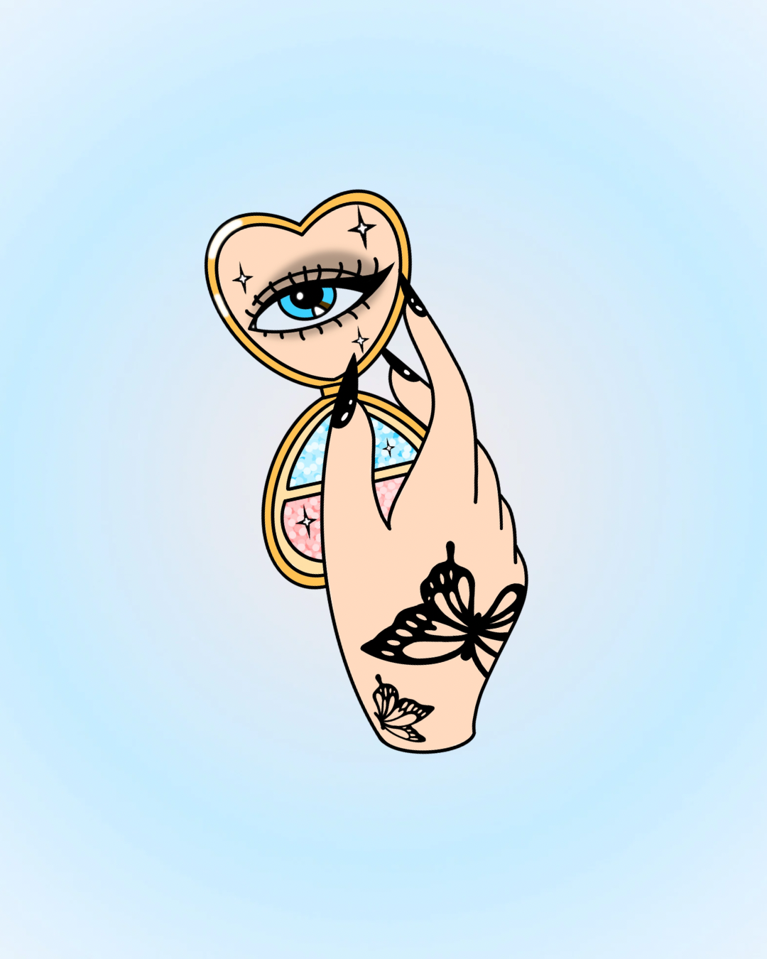 A hand with black nail polish and a butterfly tattoo holding an eye-shaped compact mirror. The mirror has a blue eye with makeup and sparkles, and the base of the compact shows pink and blue glitter. The background is a light blue gradient.