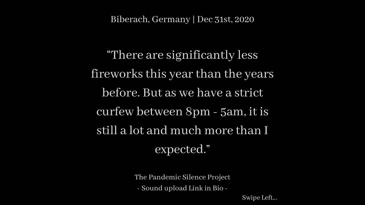 Location: Biberach, Germany 🇩🇪 
Date: Dec. 31st, 2020, 23:59
🌍 48.0983692520614, 9.81154342281877
Credits: twitter | @khmeristani
.
&quot;The recording is around midnight and you can hear the fireworks. There are significantly less fireworks this 