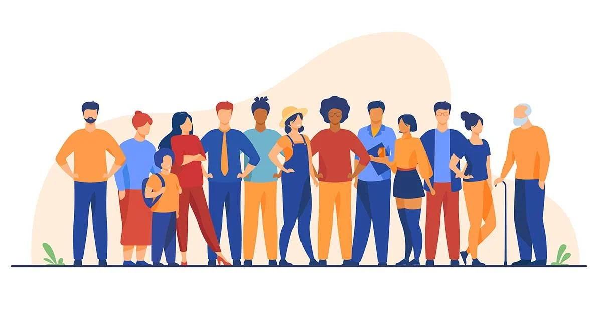 Illustration of a group of people of diverse cultures and various ages