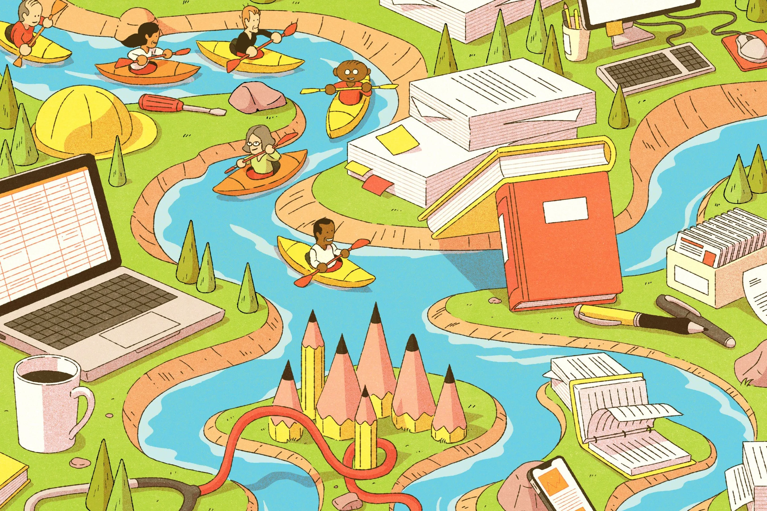 Illustration of winding rivers and office supplies, illustrating New Post-60 Career Paths