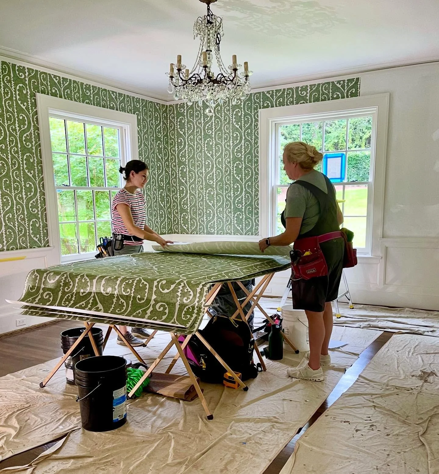Updating a long time client&rsquo;s dining room with kelly green scroll paper 💚 Stay tuned&hellip; 🪑🖼️