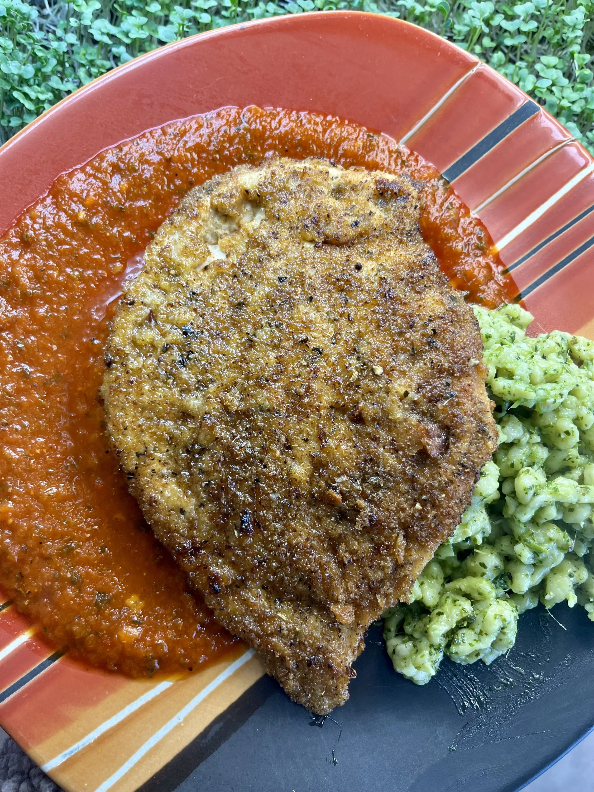 Chicken Schnitzel with Pea Shoot Pesto Spätzle - Recipe Idea