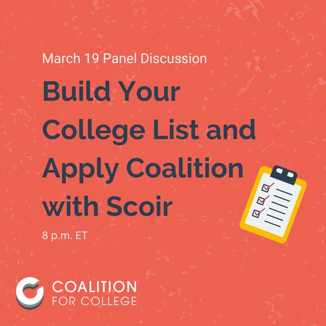 Are you or your student preparing to build a college list? ✍️ If so, join us TONIGHT for our panel discussion on building your college list and applying Coalition with @ScoirInc! Featuring advice from member schools; @belmontu, @occidentalcollege, @u