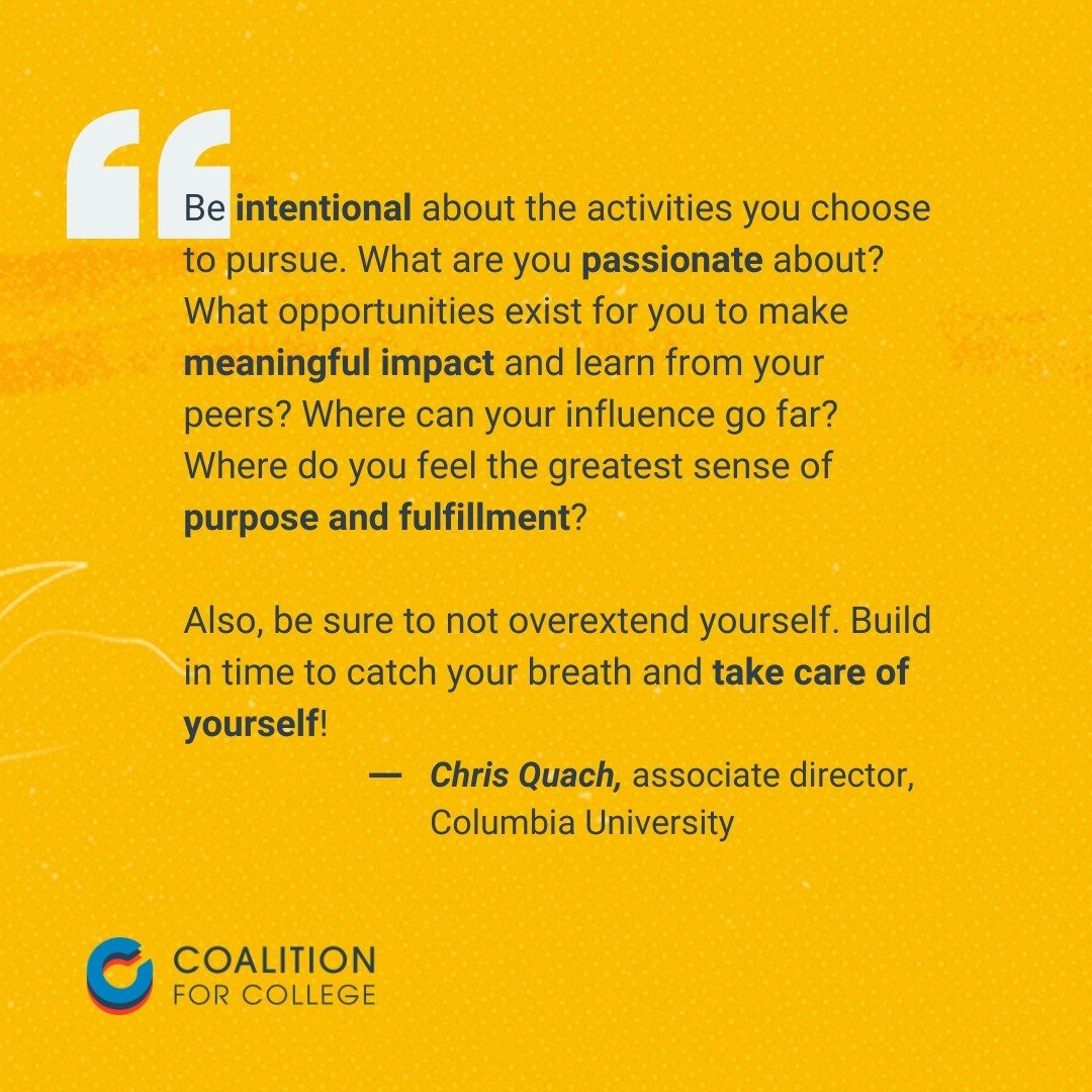 For underclassmen interested in getting involved next school year, here's some advice on what activities you should pursue. ⚾🧑&zwj;🎨🎭♟️

👏Thanks to Chris Quach at @Columbia for this advice!