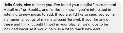Kind Facebook message from metal band member acquiring about playlist