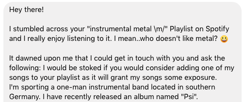 Inquiring Facebook message asking about Christopher's instrumental metal playlist
