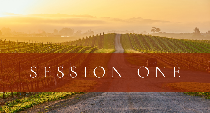 Scenic view of a vineyard landscape at sunrise with rolling hills and a dirt road, with overlaid text reading 'SESSION ONE'.