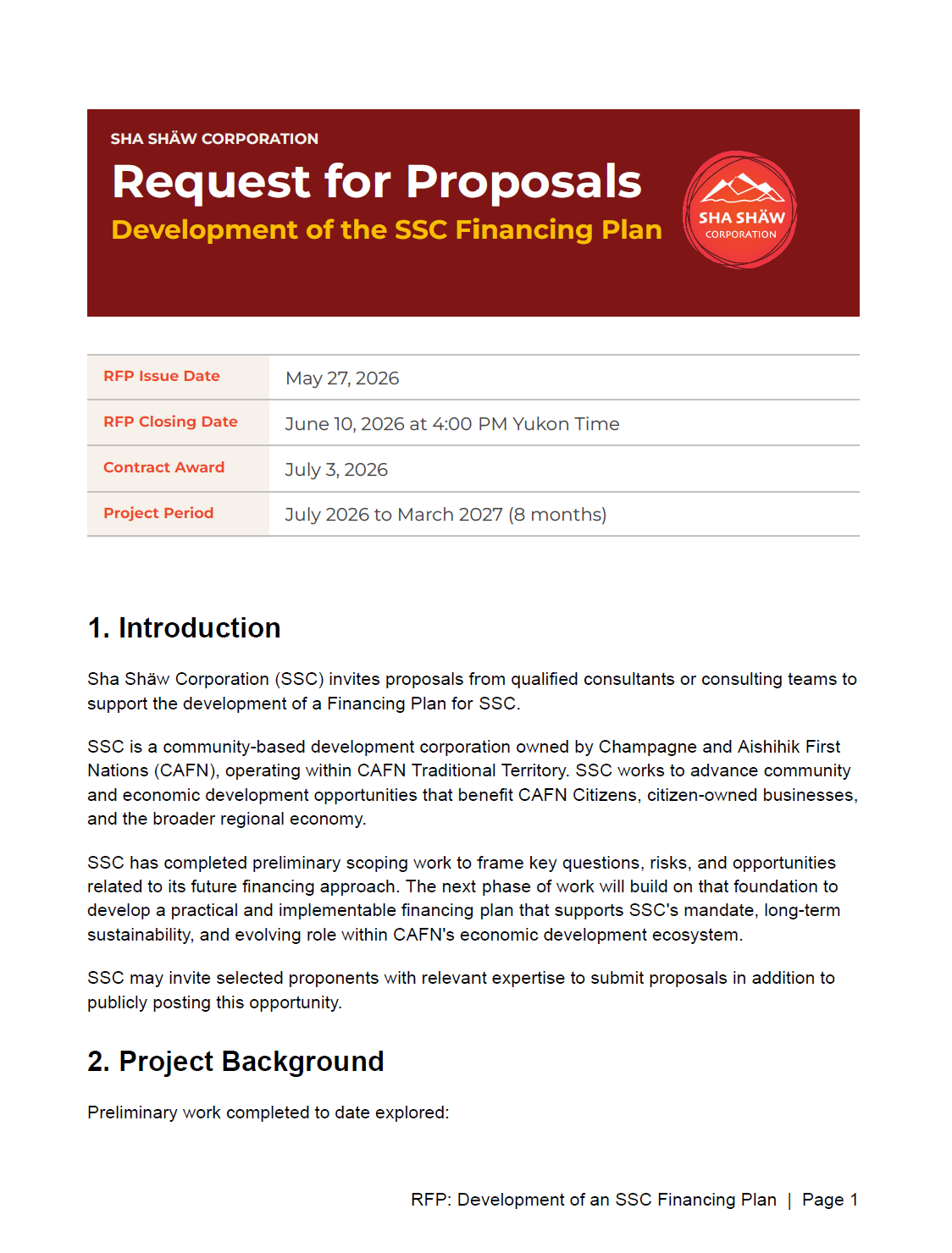 RFP: Development of the SSC Financing Plan 