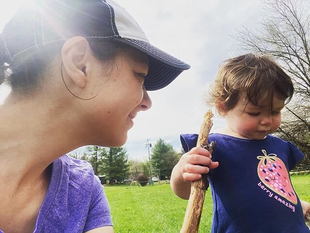 When you set out this morning to push your thirty pound kiddo on a jogging route, but instead you jog a little, walk a lot, and retire to play with sticks in the grass. We also enjoyed the beautiful sunshine. ☀️🙌 Sometimes your mind is thinking one 
