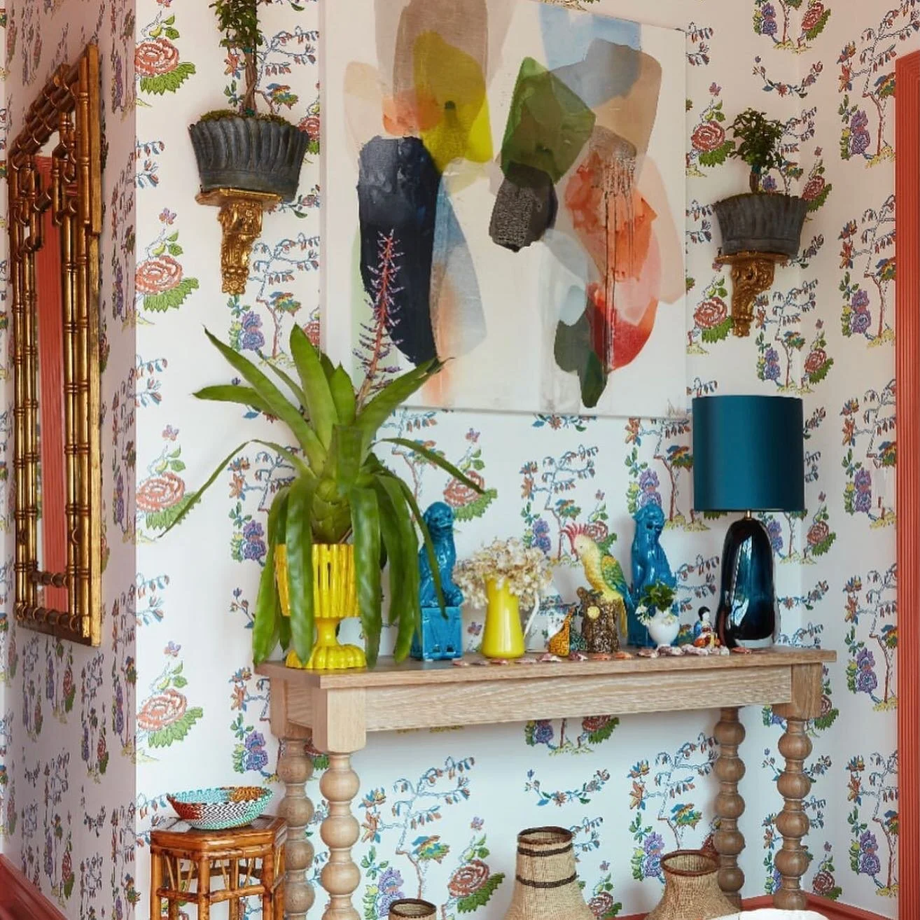 A collection of bright things in @mallyskokdesign&rsquo;s Sunny Spot in the Kips Bay Show House in Palm Beach.  The artwork from @greggirbygallery sits above the Chappy Console by @dunesandduchess photo cred: @brantleyphoto slide left to see more of 