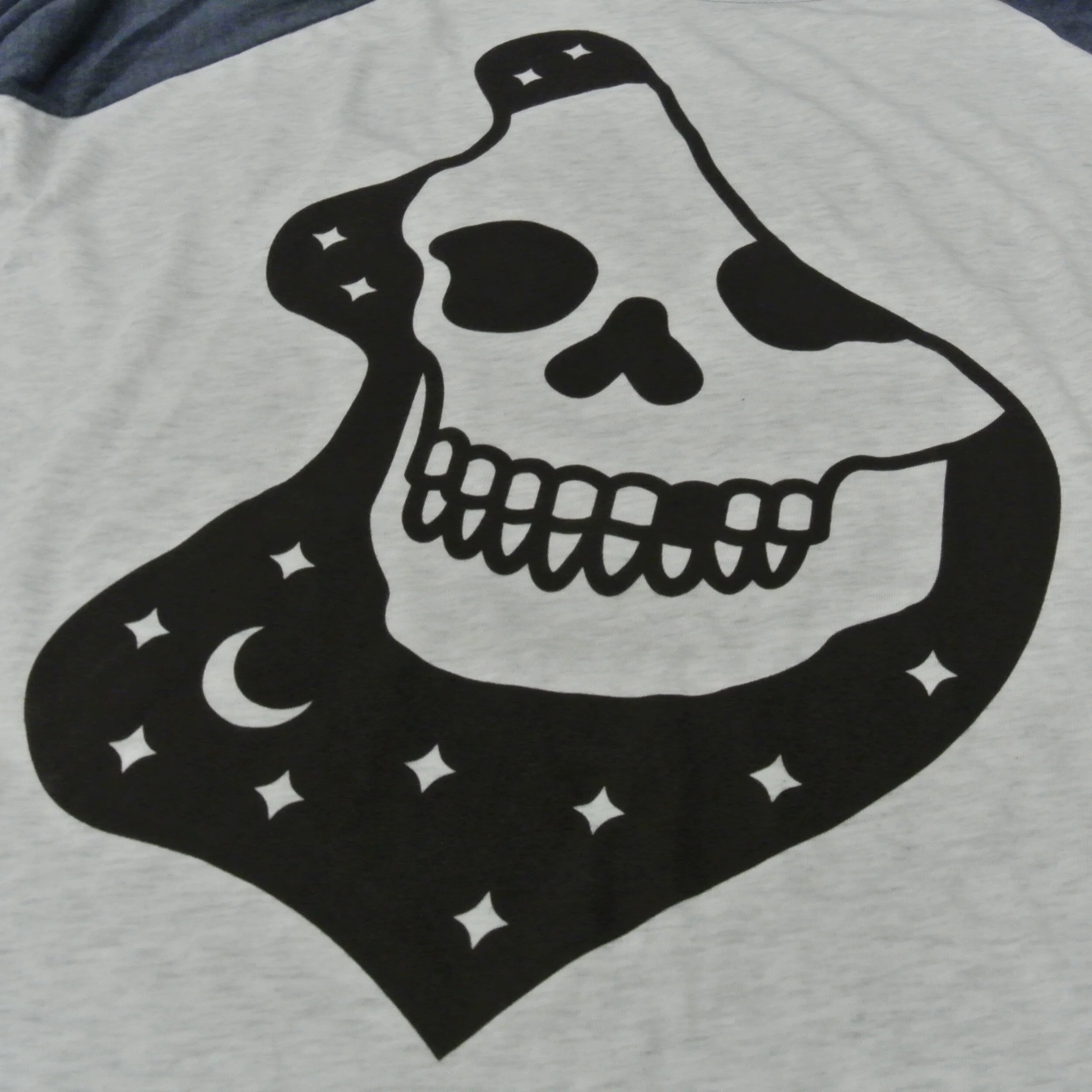 Graphic illustration of a skull floating on a crescent moon with stars, a crescent moon, and a starry pattern.