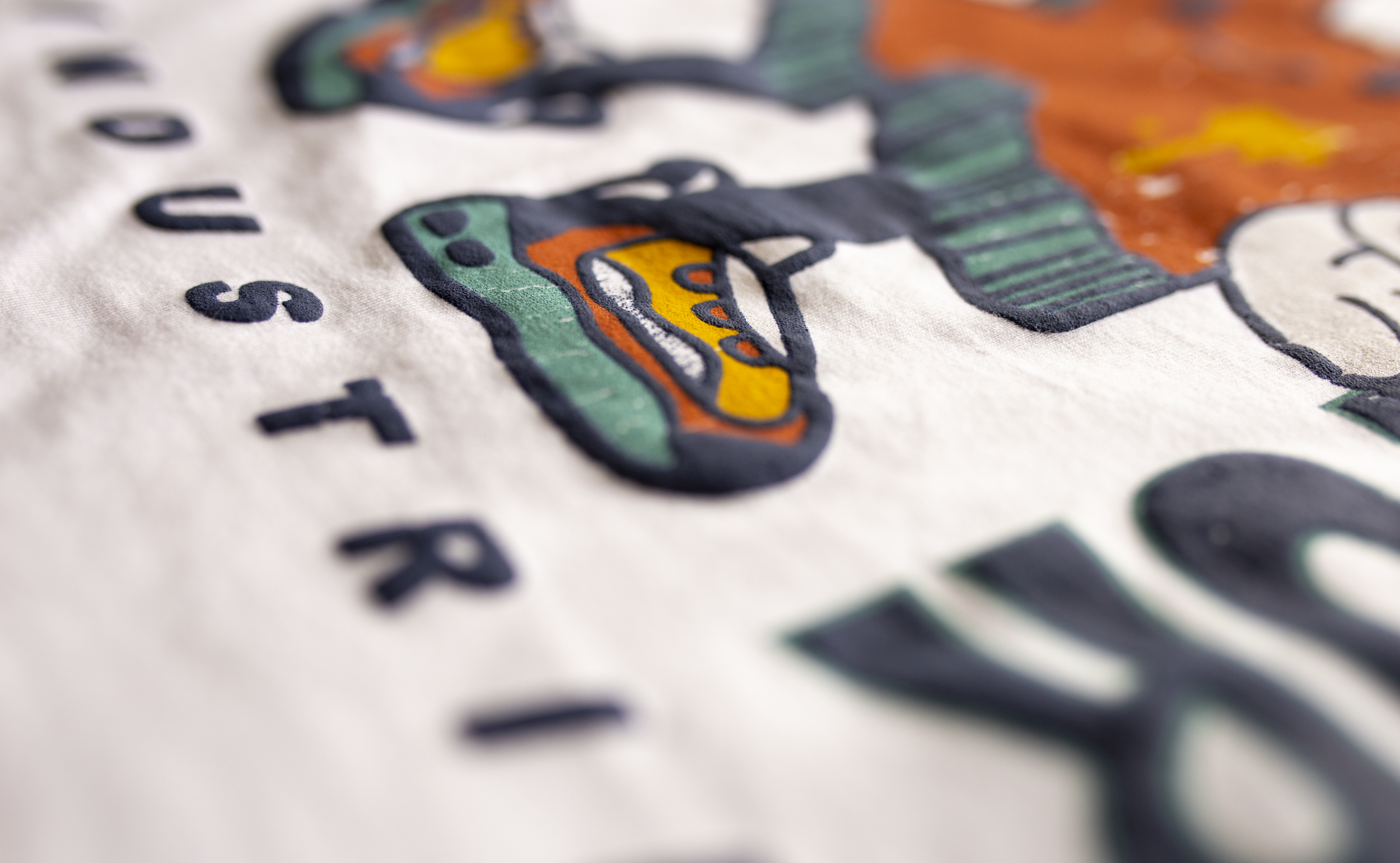 Close-up photograph of embroidered designs on fabric, showcasing colorful illustrations and black embroidered words.