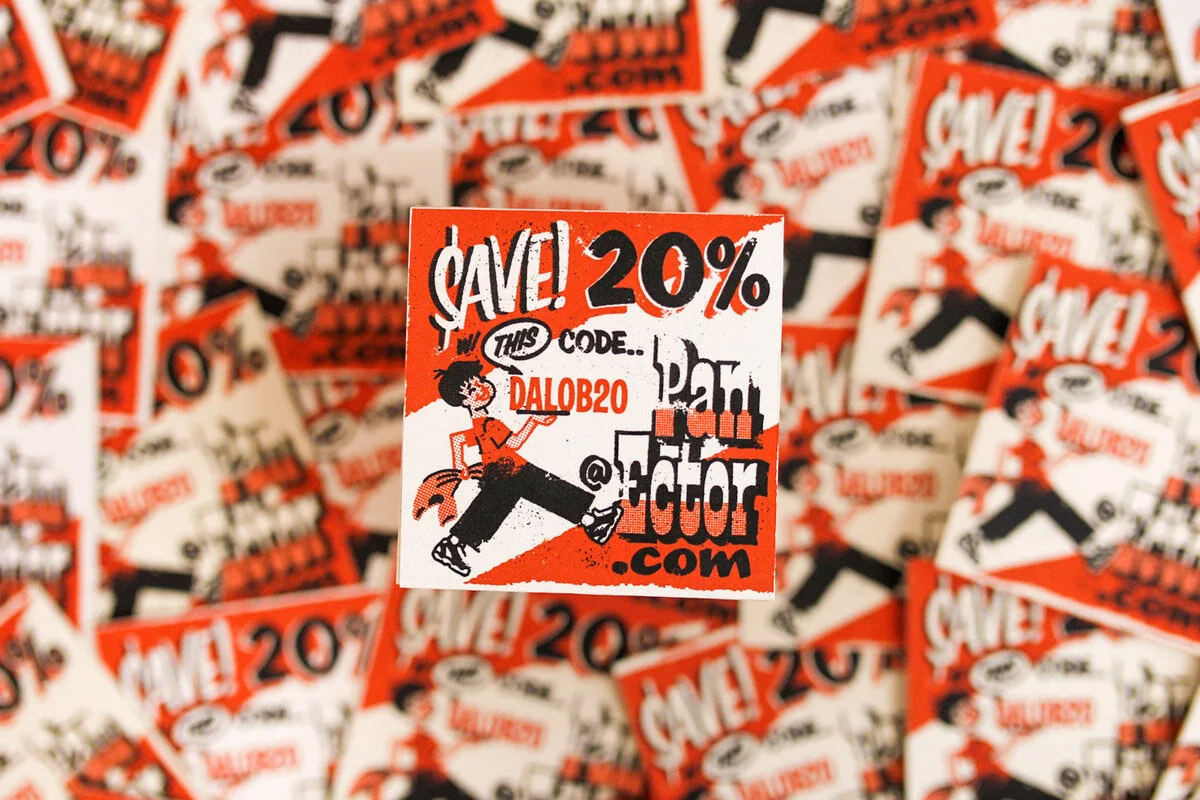 A promotional sticker with a red and white background advertising a 20% discount using the code DALO20, featuring a cartoon character running and the text 'Save 20%', '@factor.com' and other promotional details.