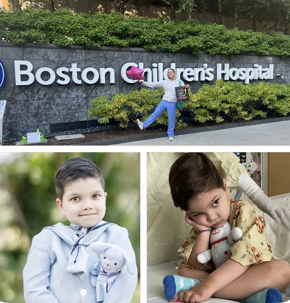 A collage of three images: top image shows a woman celebrating outside Boston Children's Hospital holding a pink balloon and a gift bag, smiling. The bottom left image is a portrait of a young boy outdoors in a white jacket, smiling and holding a stuffed toy. The bottom right image shows a young boy in a hospital bed, resting his head on his hand, with a medical monitor in the background.