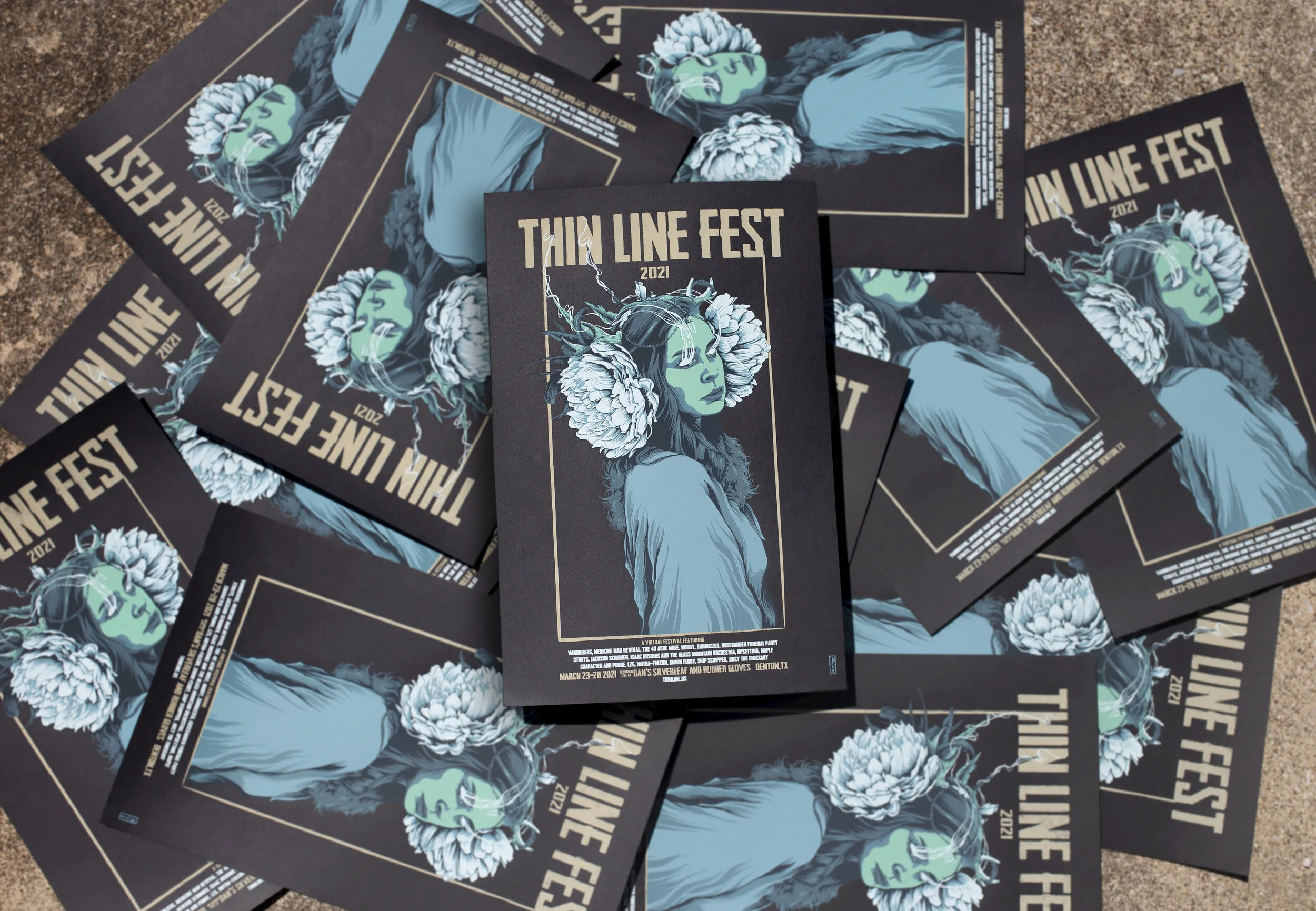 Multiple flyers for the Thin Line Fest 2021 featuring an illustrated woman with green skin, long dark hair, and large white flowers in her hair, set against a dark background.