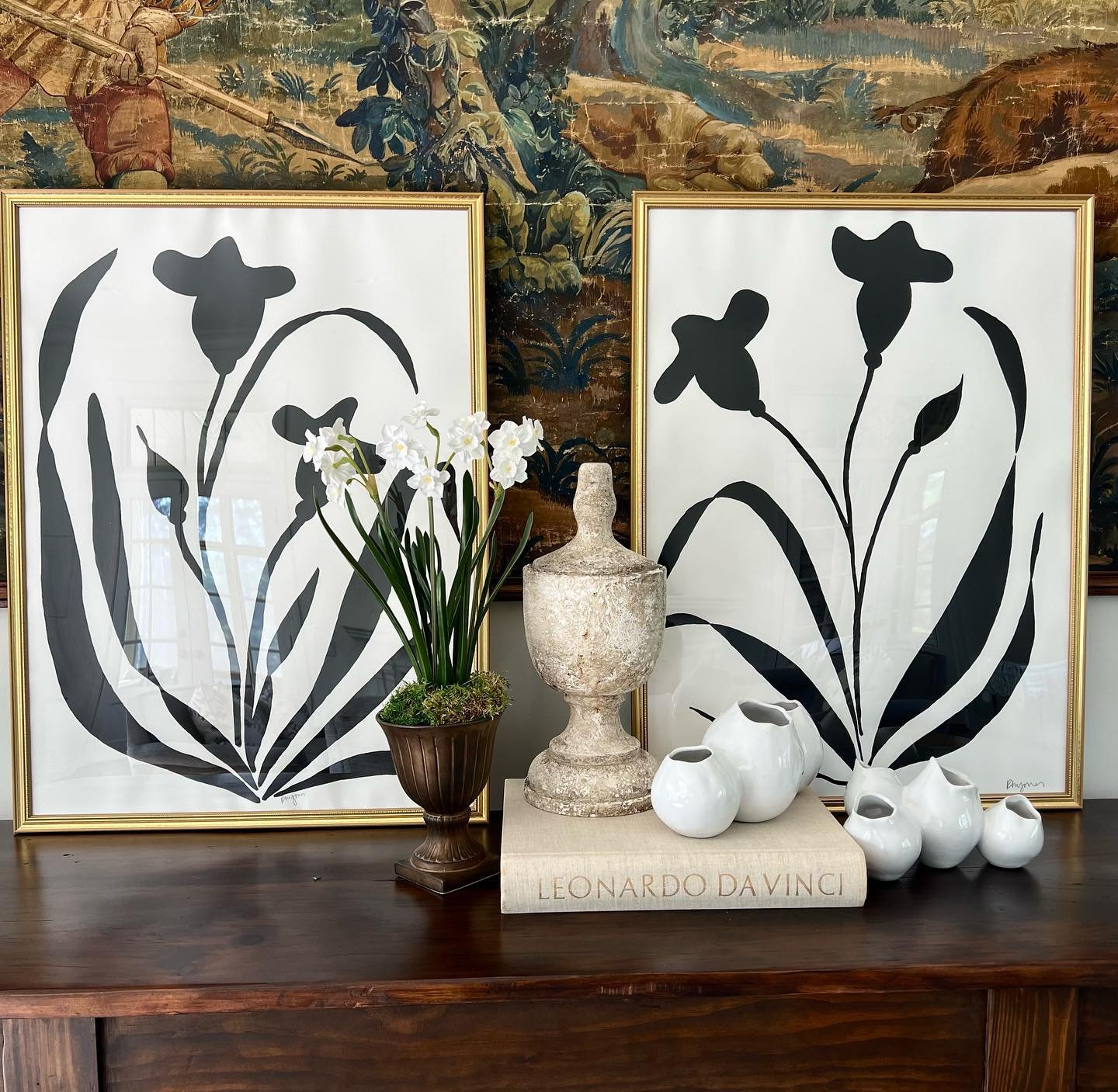 I love this larger 23x31 inch pair and can envision them on either side of an entryway or stacked on top of one other in a room with tall ceilings. Just having so much fun painting these simultaneously modern, classic, and elegant botanics in rich bl