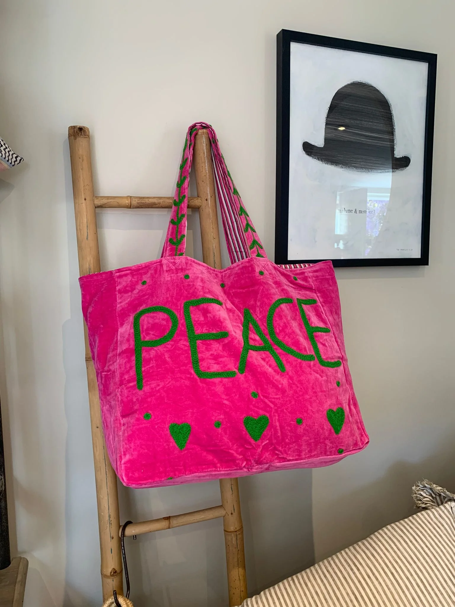 Velvet PEACE Tote - Pink/Green