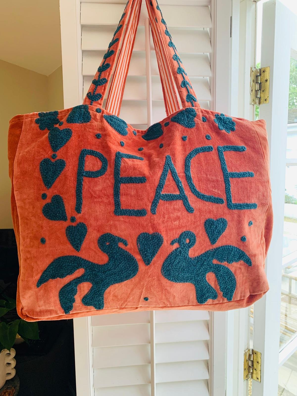 Velvet PEACE Tote - Coral/Teal