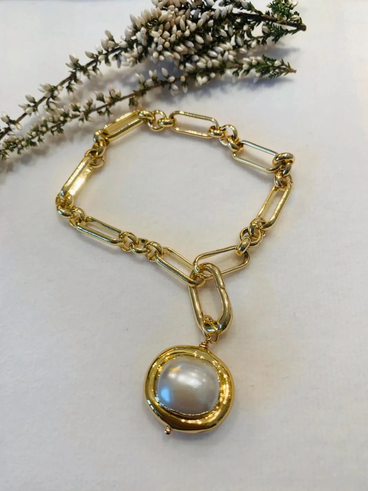 Chain Link Pearl Charm Bracelet