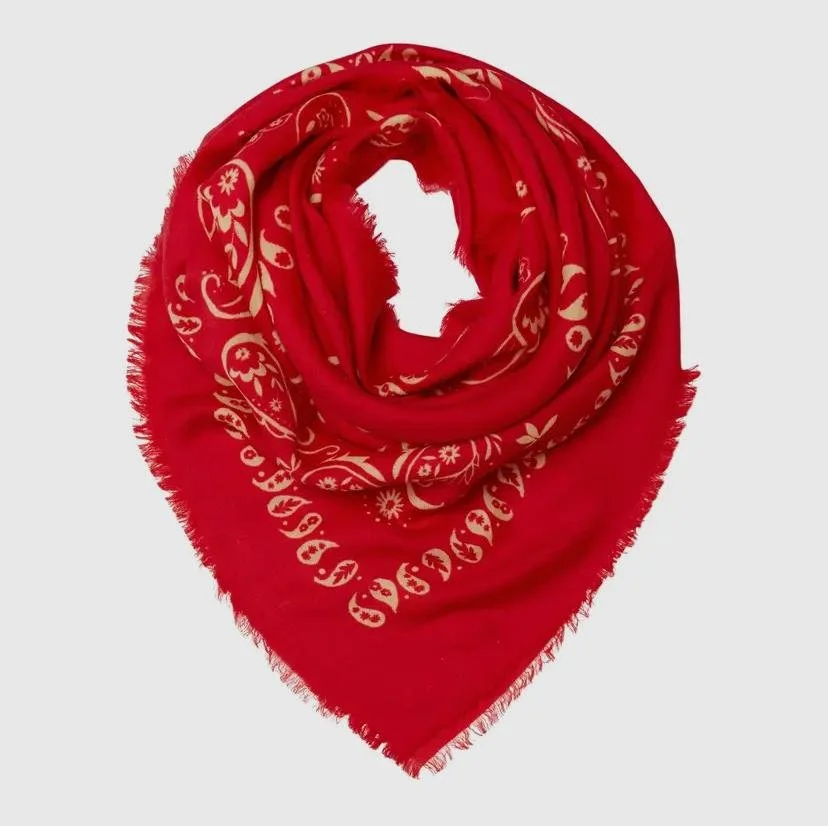 XL Cashmere Bandana Scarf - Red/Ecru
