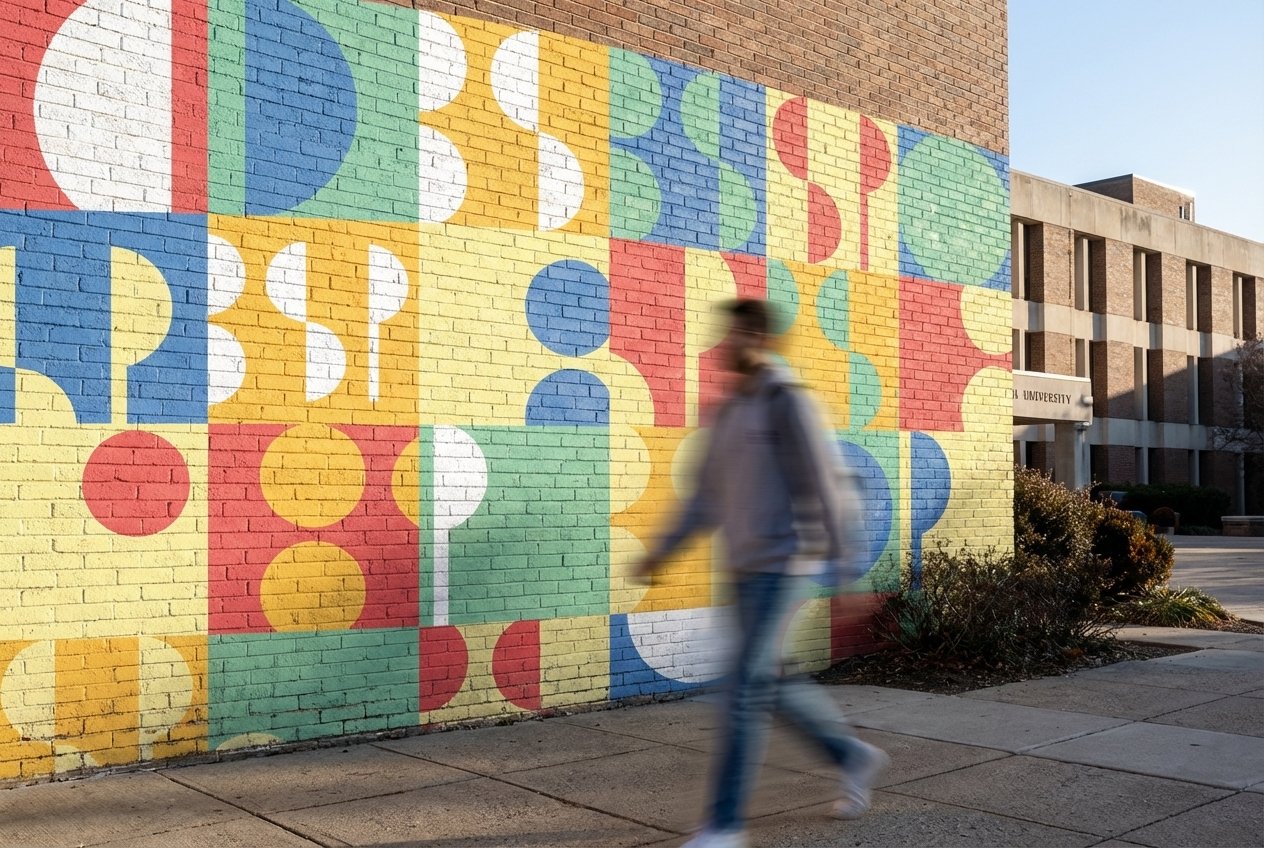 Colorful geometric mural painted on a university brick wall featuring circles, semi-circles, and squares in red, yellow, blue, white, and green, a person walking by in front of it. Designed for Western Washington Universities Student Plublications.
