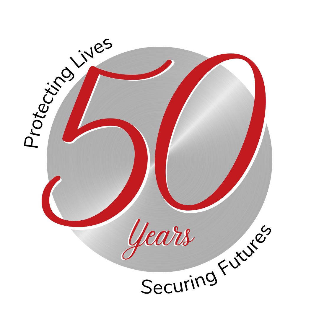 Silver circular emblem celebrating 50 years with large red number 50 and the word "years" in smaller script below.