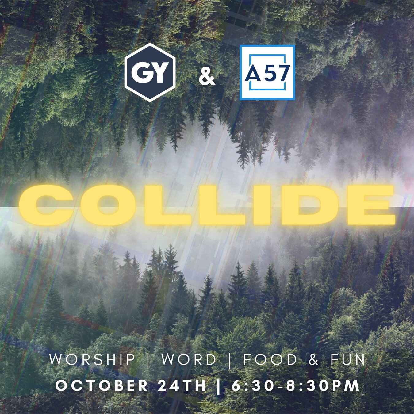 C O L L I D E // GY &amp; Area57 are combining yet again for this epic event!
Join us tomorrow night (Oct. 24th) from 6:30 - 8:30PM!

Our GY Youth band is leading worship, Pastor Caleb is bringing a word, and pizza will be SERVED afterwards!

Pick up